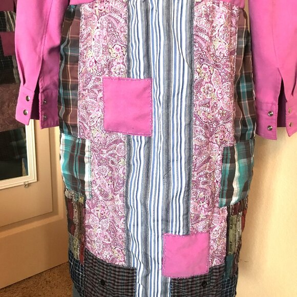 Boho Patchwork Duster Dress, S-M: Upcycled Pink Bohemian Layering Outerwear - Picture 10 of 12